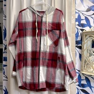 Women’s Staccato Fall Plaid Hooded Flannel Shirt Zip Up Jacket with Hood Size L
